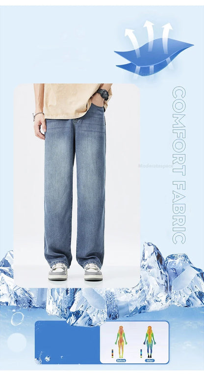 Stretch Jeans Men's 2024 New Lyocell Fabric High Quality Soft Loose Wide Pants Elastic Waist Casual Denim Trousers Streetwear
