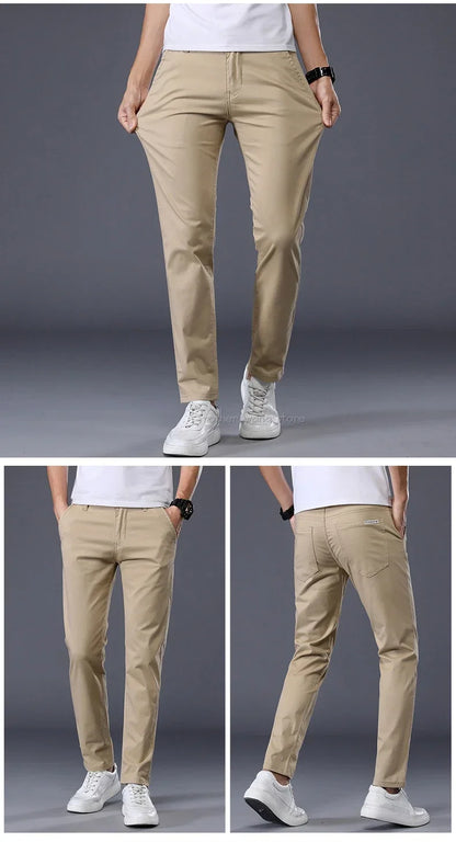 Summer Thin Men's Casual Pants Cotton 7 Colors Classic Style Elastic Straight Slim Fit Business Fashion Long Trousers Male