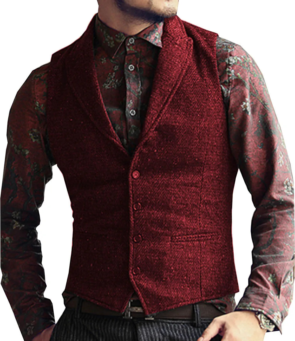 Men's Suit Vest Slim Fit Herringbone Pattern Mail Waistcoat Flip Tie Pocket Vest Business Banquet Wedding Groomsman Dress Vests