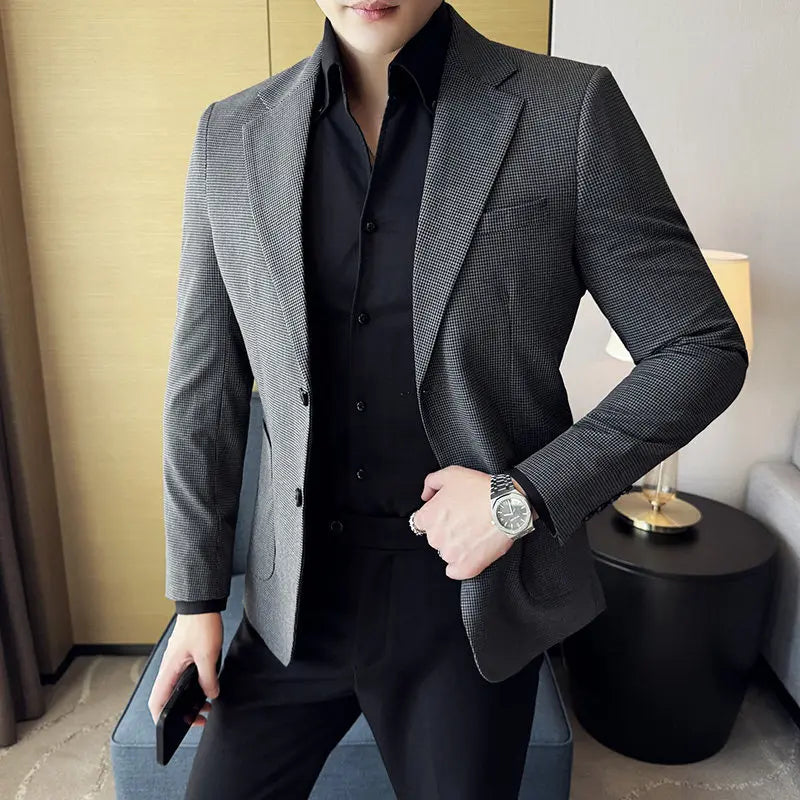 Korean Vintage Elegant Men's Business Slim Fit Suit Jacket 2026 New Fashion Lapel Single Breasted Men Social Party Dress Coats