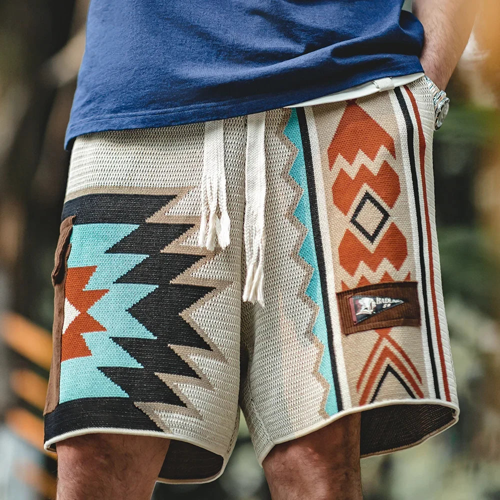 Navajo Totem Knitted Shorts Men's  Elastic Waist Casual Shorts with Corduroy Pocket Summer Beach Breathable Short Pants
