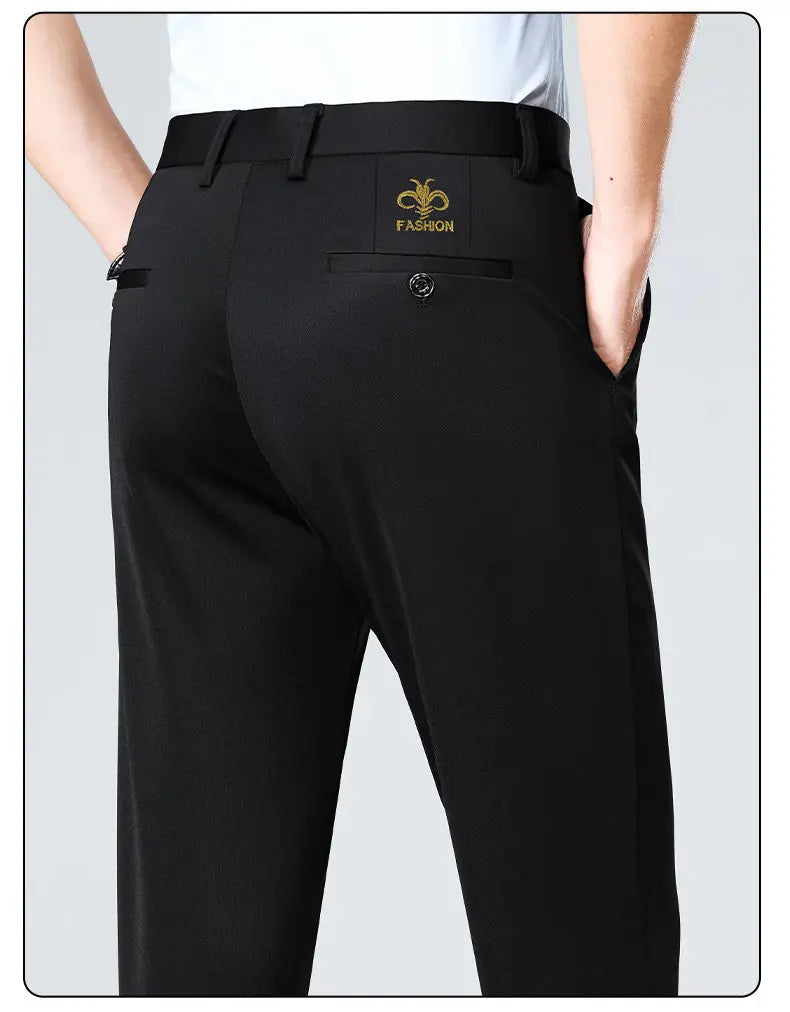 Men's Stretch Pants with Embroidery Casual Suit Pants Wrinkle Resistant Dress Pants