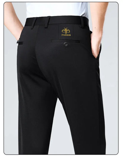 Men's Stretch Pants with Embroidery Casual Suit Pants Wrinkle Resistant Dress Pants