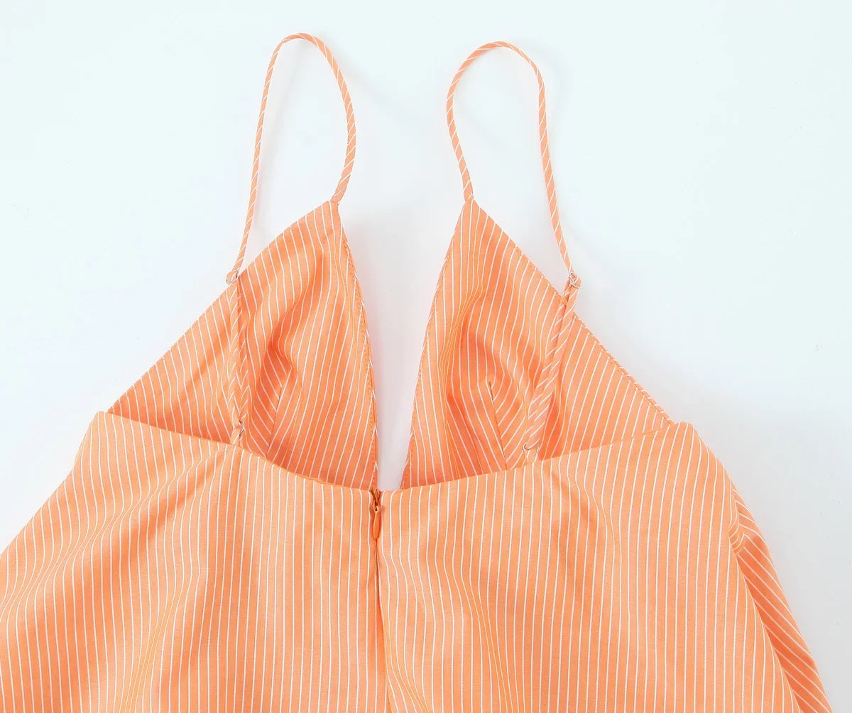 Women Summer Orange Striped Backless Zipper Mini Dress Thin Straps V-Neck Female Chic Lady Dresses Vestidos Para Mujer