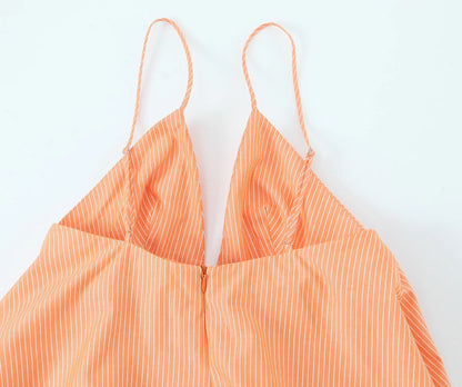 Women Summer Orange Striped Backless Zipper Mini Dress Thin Straps V-Neck Female Chic Lady Dresses Vestidos Para Mujer
