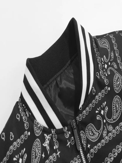 Men's Single-Piece Retro-Style Cashew Flower Splicing Jacket, Casual, Baseball, Home, Versatile, Fashionable, Daily Work Clothing