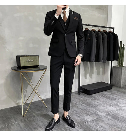 Blazer Vest Pants Men's Navy Blue Suit Set Slim Fit Blazer Vest Pants Formal Outfit for Business Wedding Office Groom Party