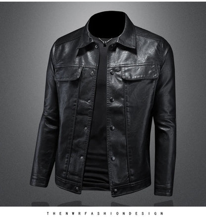 2024 Autumn and Winter New Men's Fashion Handsome with Solid Color Boutique Lapel Motorcycle Leather Coat Slim Fashion  M-5XL