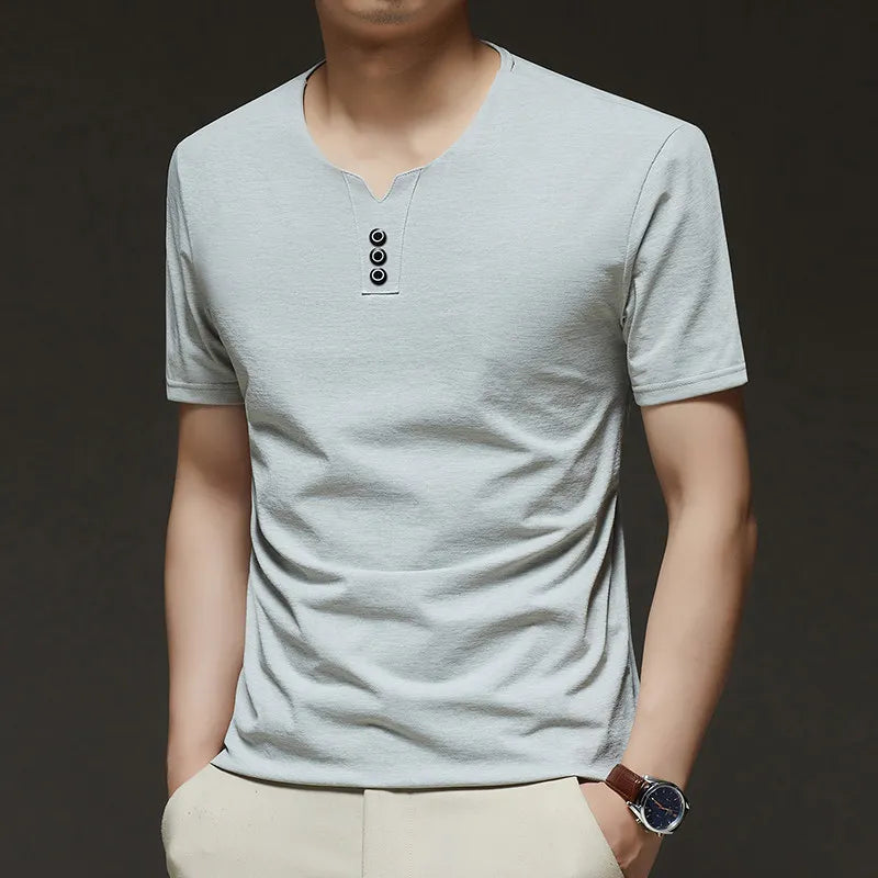 2026 New Men's Business Casual Three Button V-neck Short Sleeved T-shirt Korean Style Summer Comfortable Versatile Top