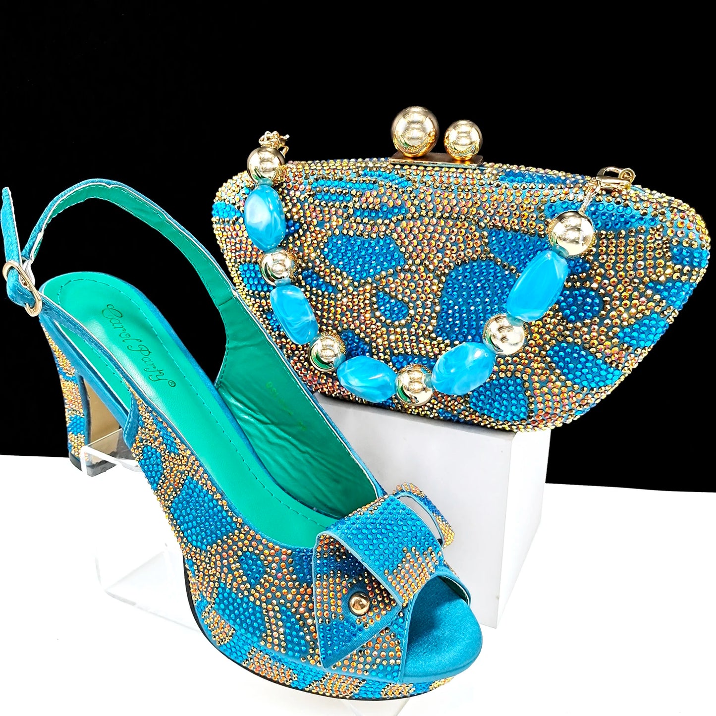 Nigeria Women's Open Toe High Heels Package Set Leopard Colorblocking Hot Rhinestones Fashion Sexy High Heels