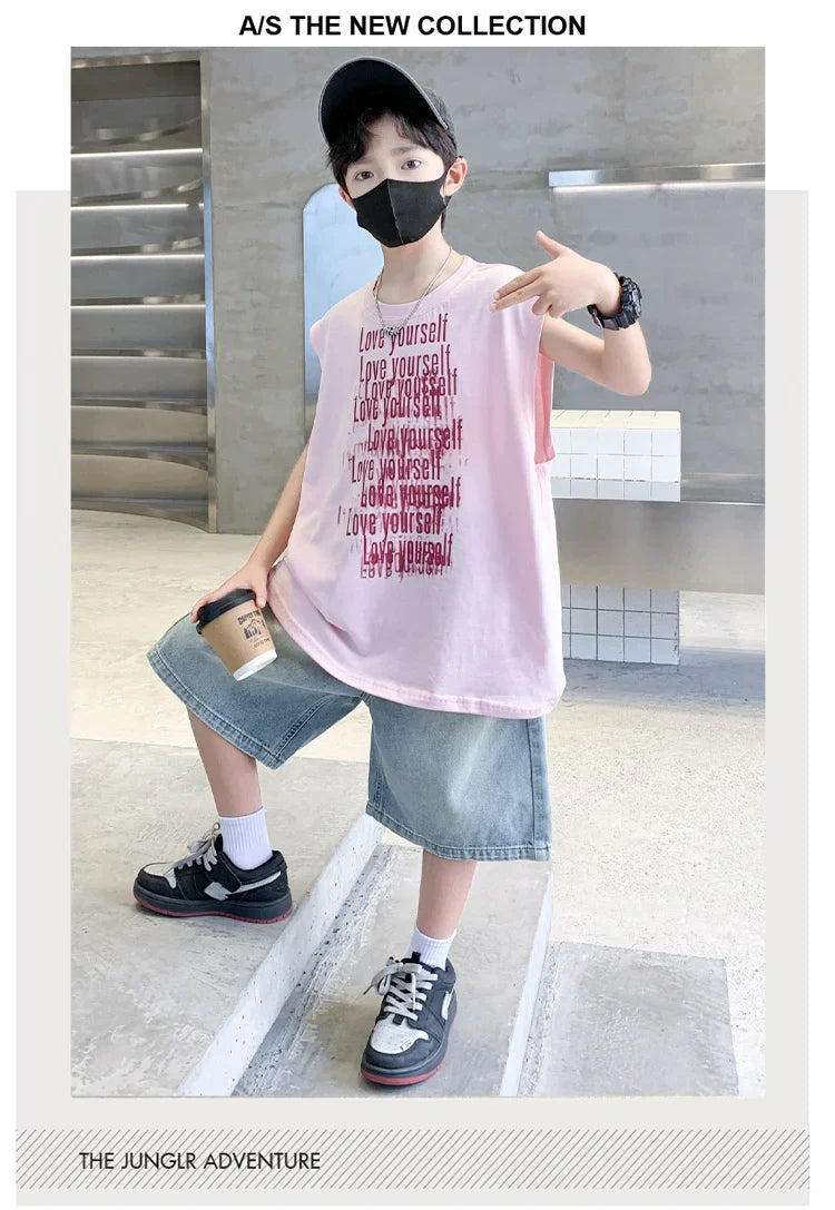 2025 New Summer Outfit Sets for Boys Sleeveless Tshirt And Denim Shorts 2 Pieces Tracksuit Kids Child Stylish Sports Suits 5-14Y