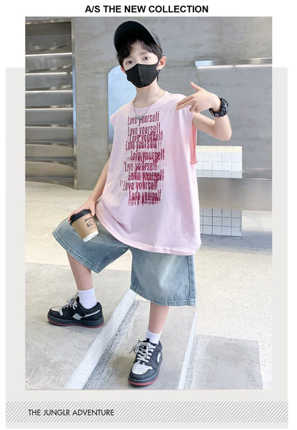2025 New Summer Outfit Sets for Boys Sleeveless Tshirt And Denim Shorts 2 Pieces Tracksuit Kids Child Stylish Sports Suits 5-14Y