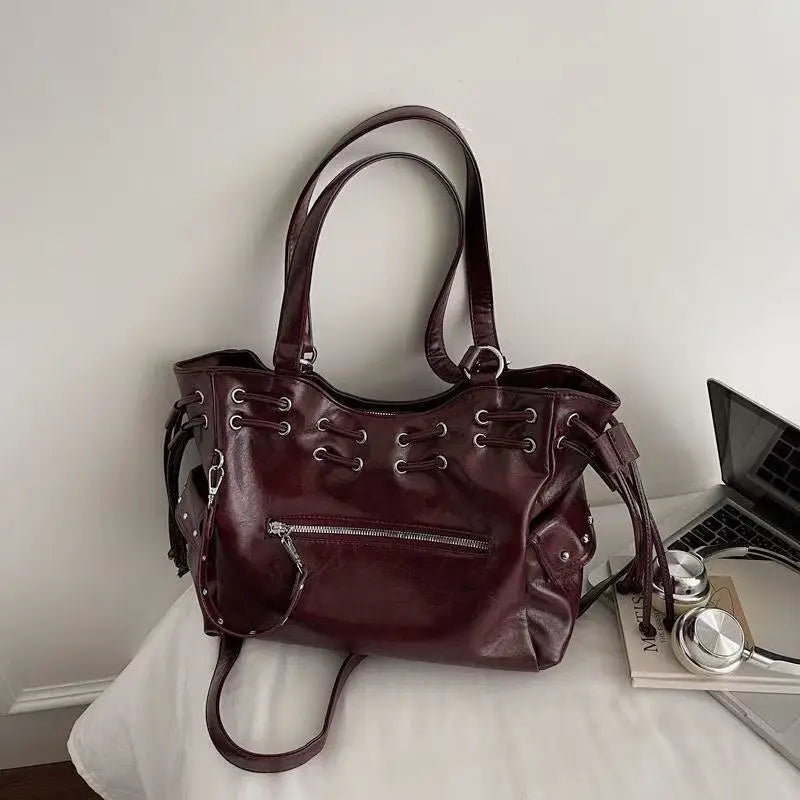 Japanese Harajuku Style PU Leather Y2k Cool Large Capacity Handbag Shoulder Bag Women's Bag Purses Women Hand Bags