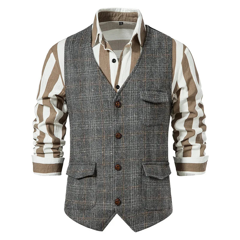 Suit Vest Men British Style Plaid Single-breasted Pocket Man Waistcoat Business Casual Slim Sleeveless Male Vest
