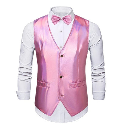 2025 New Gold, Silver, Pink, Purple Disco Glitter Vest for Men, Six Color Bright Men's Waistcoat with Bow Tie, Eur Size S-2XL