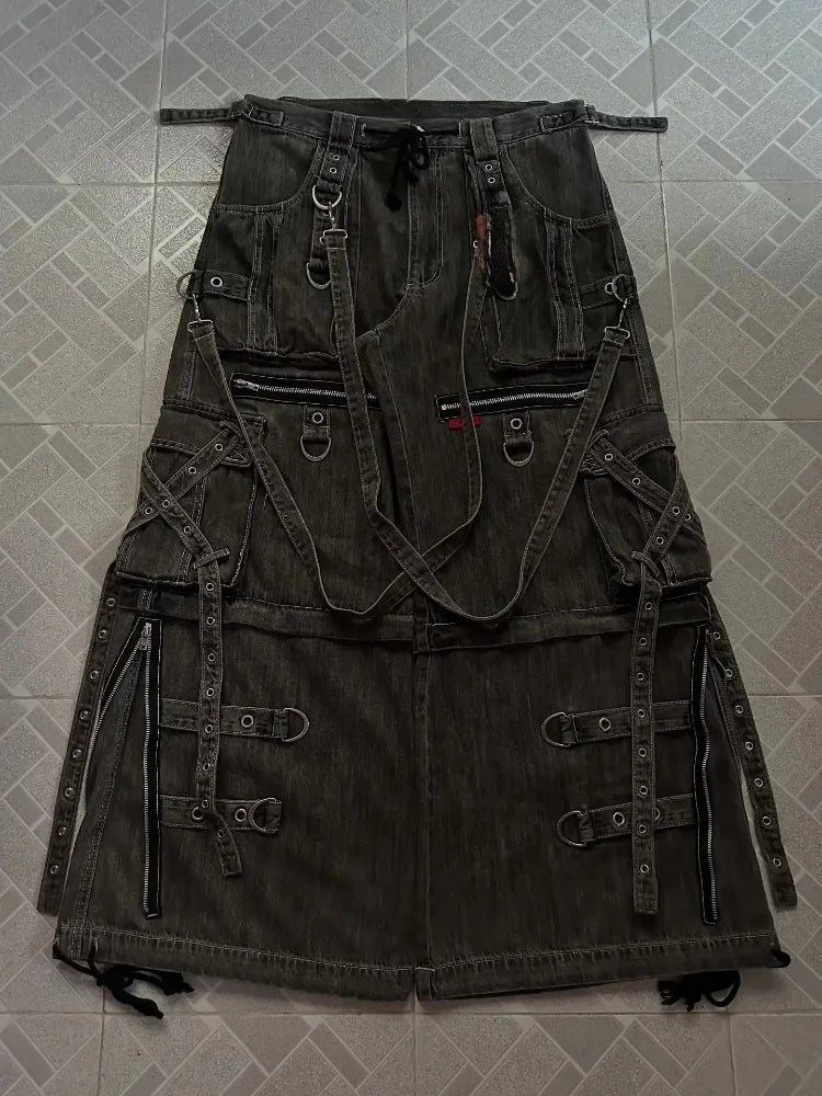Mens Jeans Harajuku Vintage Gothic Punk Dark Grey Cargo Denim Pants Metal Buckles Chains Multi Pocket Adjustable Strap Y2K New