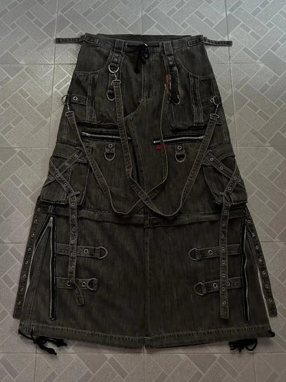 Mens Jeans Harajuku Vintage Gothic Punk Dark Grey Cargo Denim Pants Metal Buckles Chains Multi Pocket Adjustable Strap Y2K New