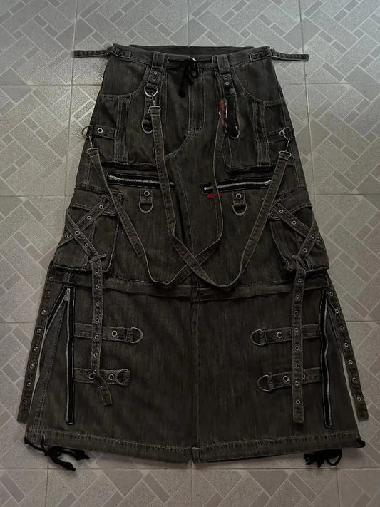 Mens Jeans Harajuku Vintage Gothic Punk Dark Grey Cargo Denim Pants Metal Buckles Chains Multi Pocket Adjustable Strap Y2K New