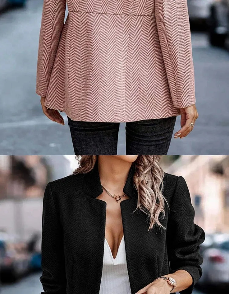 Commute Style Simple Design Woolen Suit Coat Pink Lapel Open Cardigan Short Length Polyester Fiber Women's Fashion Outerwear
