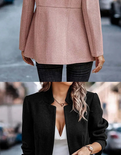 Commute Style Simple Design Woolen Suit Coat Pink Lapel Open Cardigan Short Length Polyester Fiber Women's Fashion Outerwear