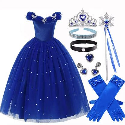 Cinderella Princess Same Cosplay Style Dark Blue Girl Luxury Dress Off-Shoulder Puff Skirt Christmas Party Gift Dress Set