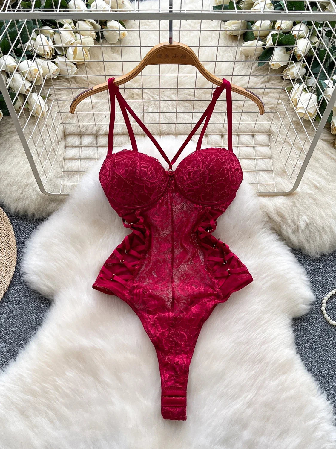 Sexy Lace Push Up Bodysuit See Through Mesh Patchwork Sleeveless Slim Thin One Pieces Elegant Women's Strappy Lingerie