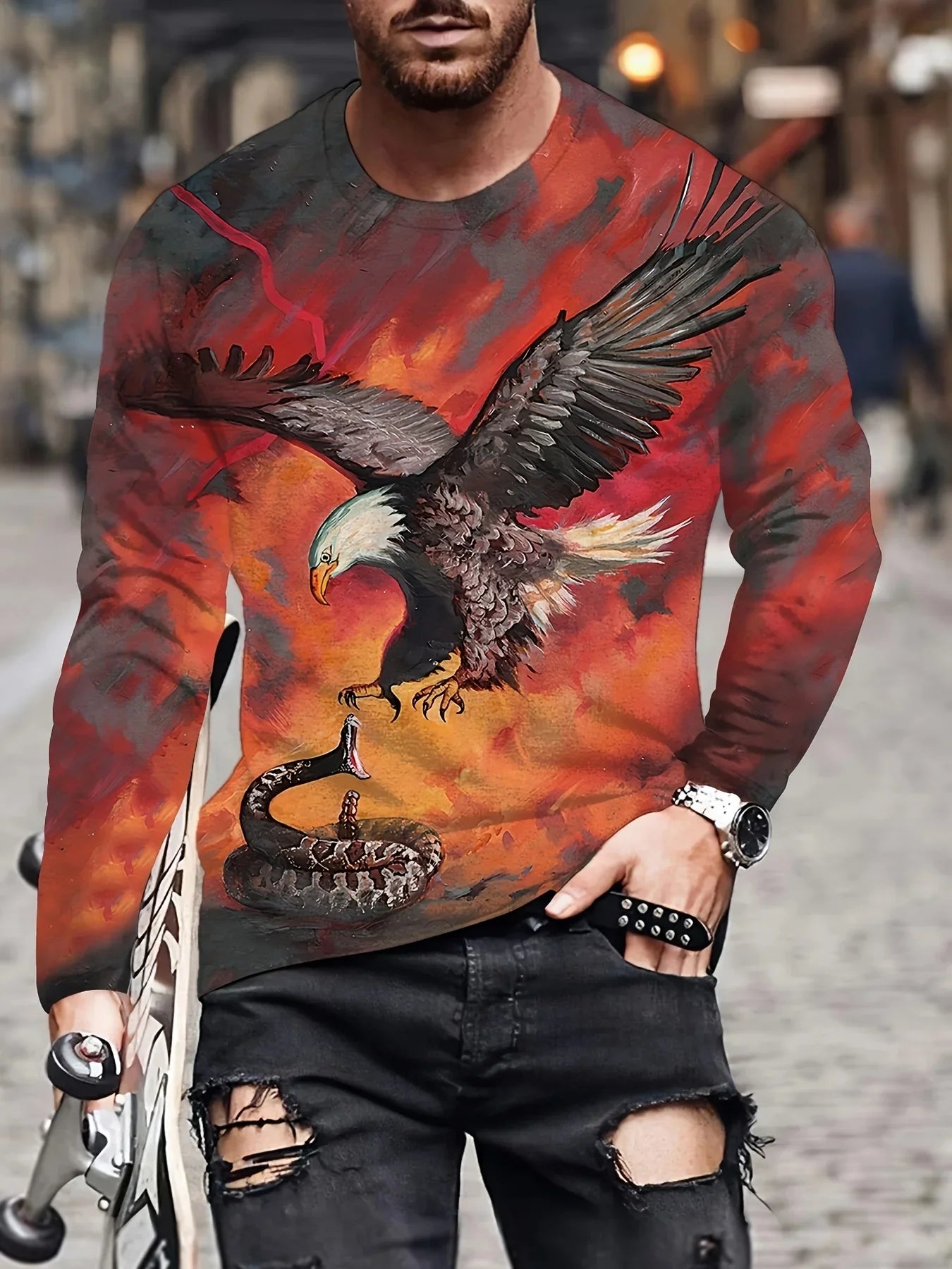 Men's Eagle Printed Long Sleeve Round Neck Retro Novelty T Shirt Autumn Fashion Large Size Long Sleeve Men's Shirt Clothing