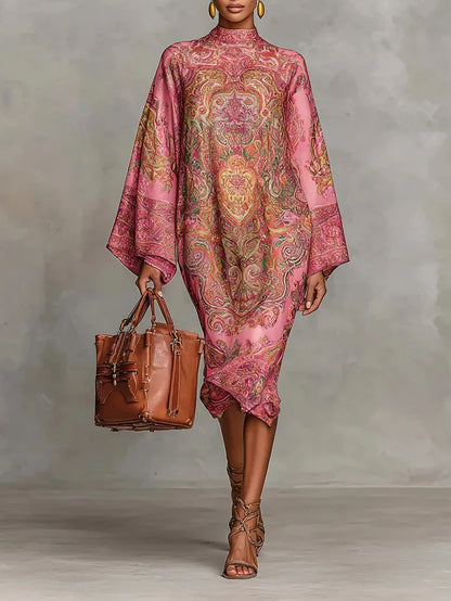 Fashion Print Long Dress Women 2025 Autumn Long Sleeve Loose Half High Collar Maxi Dresses Elegant Robes Femme