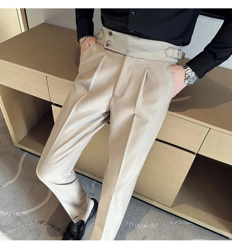 British Style Naples Solid Color High Waist Suit Pants High Quality Men Formal Business Social Party Wedding Casual Trousers