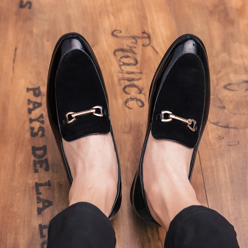 Men's pointed suede formal shoes, retro new patchwork loafers mixed with slipper shoes, wedding dress leather shoes