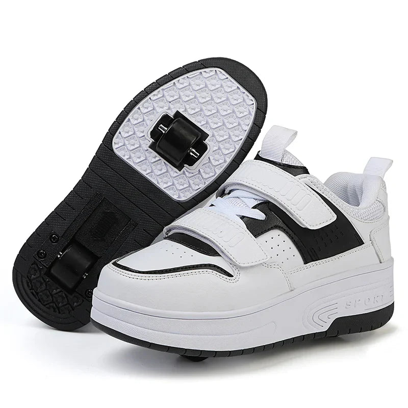 Autumn 2025 Kids Walking Shoes Detachable Double Wheel Roller Skates Boy Leather Student Shoe Four Wheeled Children Shoes Girl