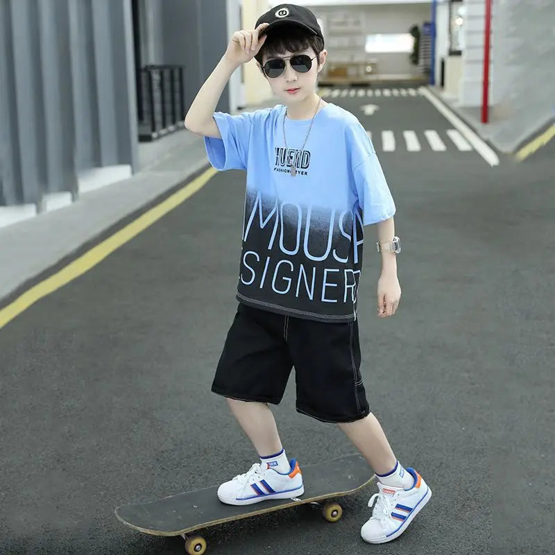 Summer Boys Cotton Contrast Alphabet t-Shirt Tops+Denim Shorts Pant School Kids Tracksuit Child 2PCS Outfit Workout Set 5-16 Yrs