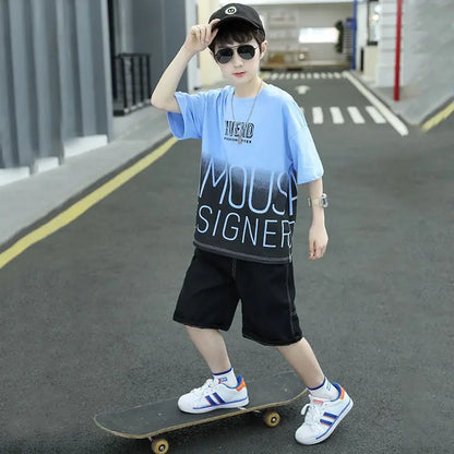 Summer Boys Cotton Contrast Alphabet t-Shirt Tops+Denim Shorts Pant School Kids Tracksuit Child 2PCS Outfit Workout Set 5-16 Yrs