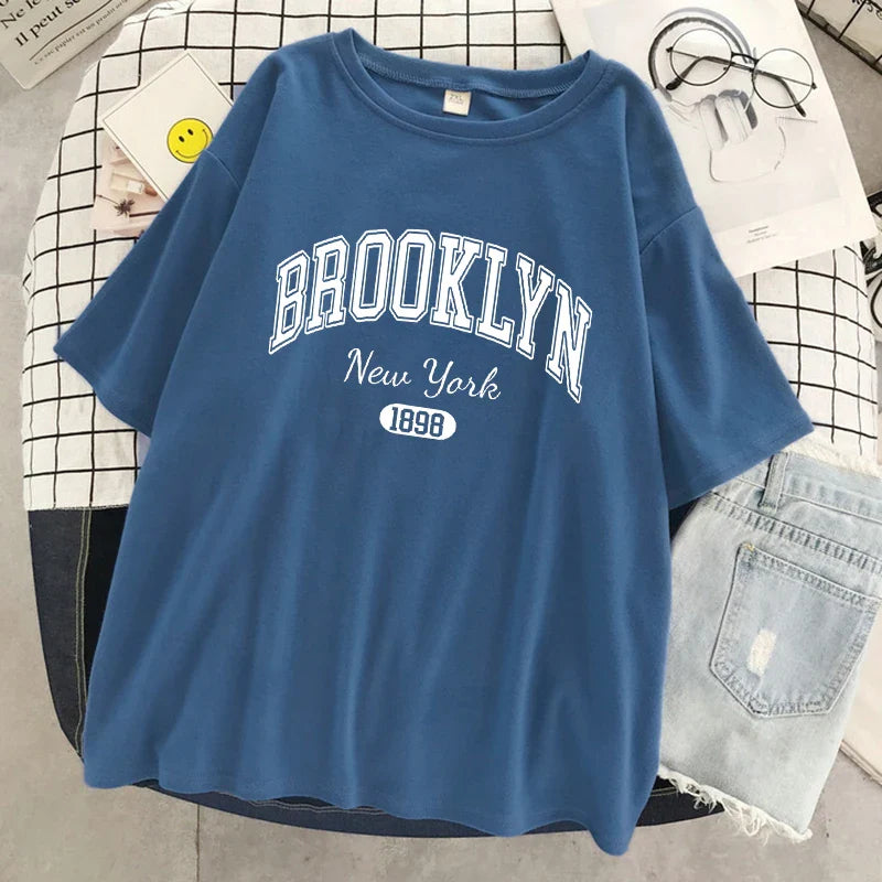 Brooklyn New York 1898 City Letter Print Female T-Shirt Street Breathable Tops Oversized Clothes Comfortable O-Neck Short Sleeve