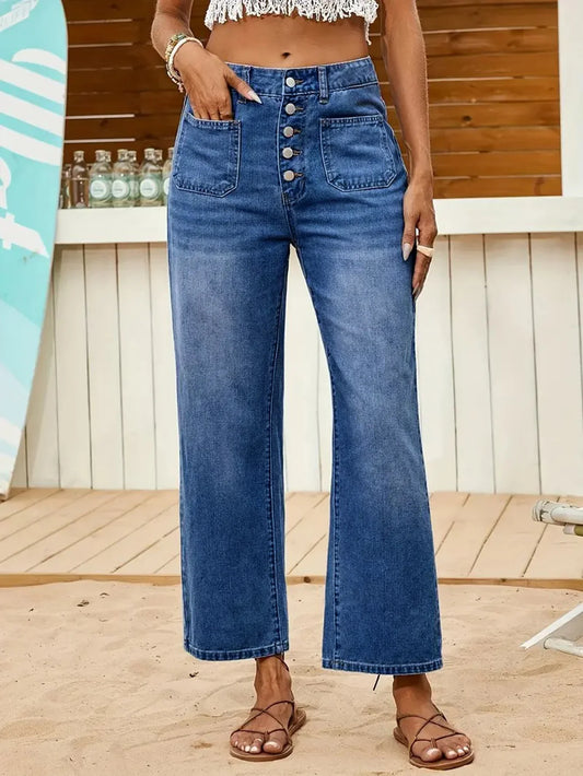 Women's Straight Leg Denim Jeans with Multi-Button Closure - Dark Wash Blue Denim Pants for Comfort and Style