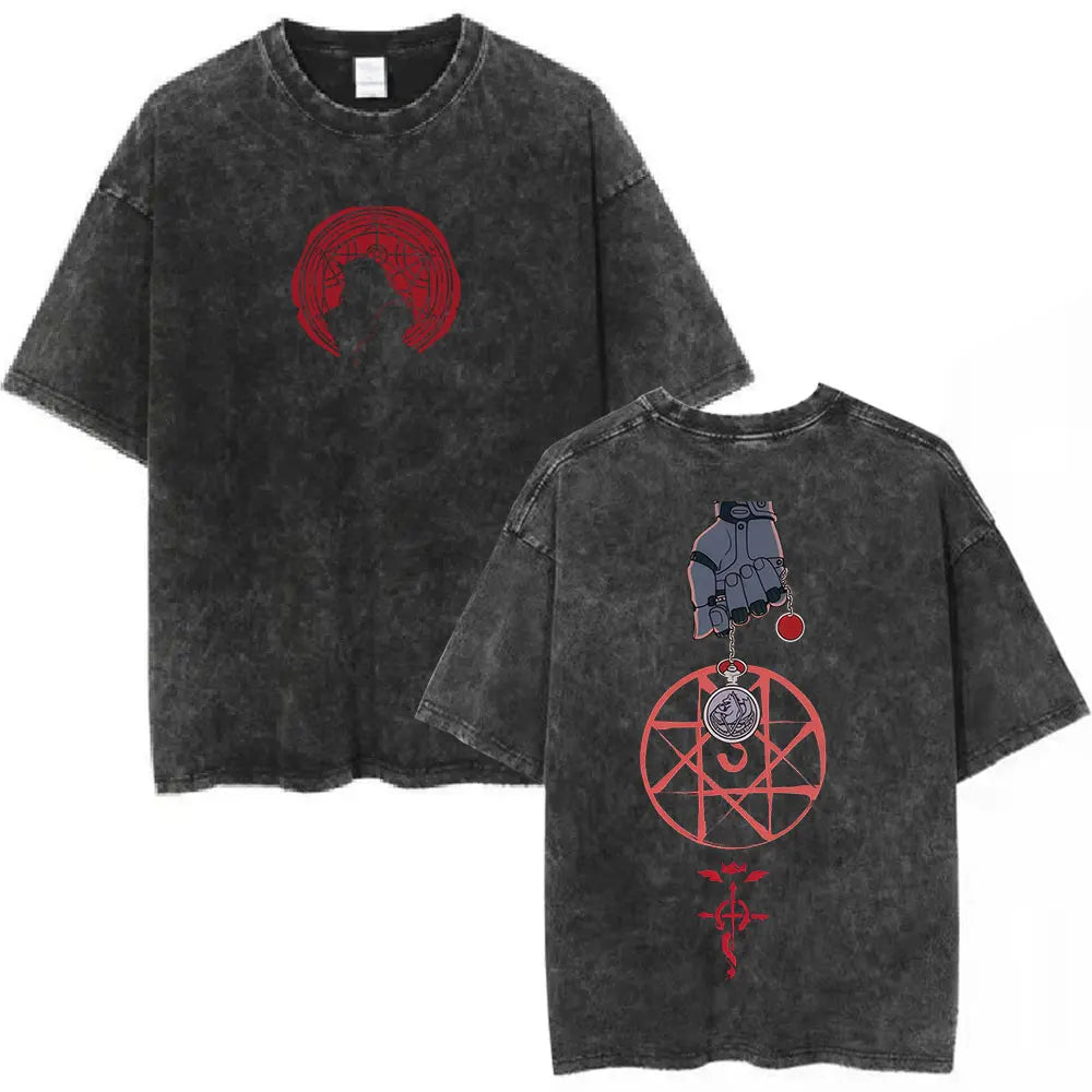 Anime Fullmetal Alchemist Washed T Shirts Edward Elric Alphonse Elric T-Shirt Men's Women Fashion Casual Oversized T-shirts Tops