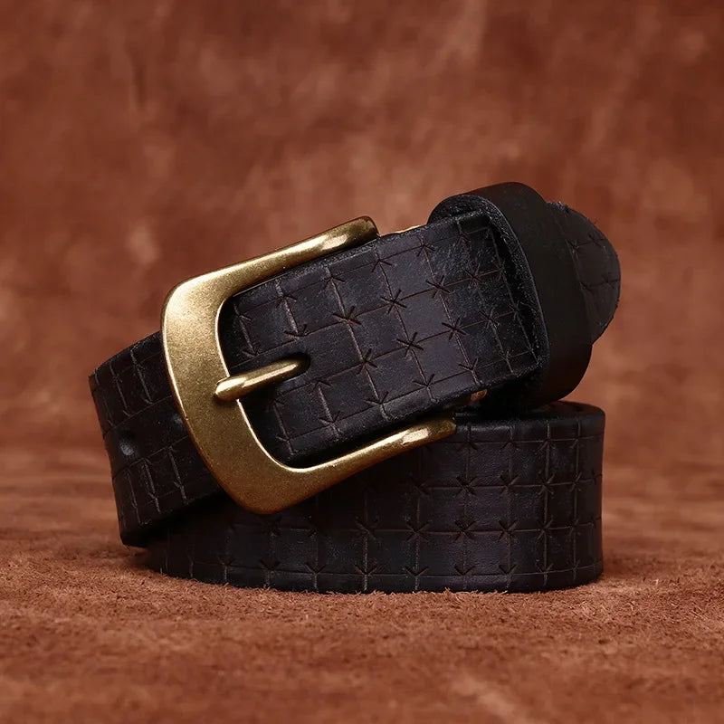 3.8CM High Quality Pure Cowhide Genuine Leather Men's Brass Buckle 5.5mm Thick Belts Retro Jeans Waistband Male Belts for Men