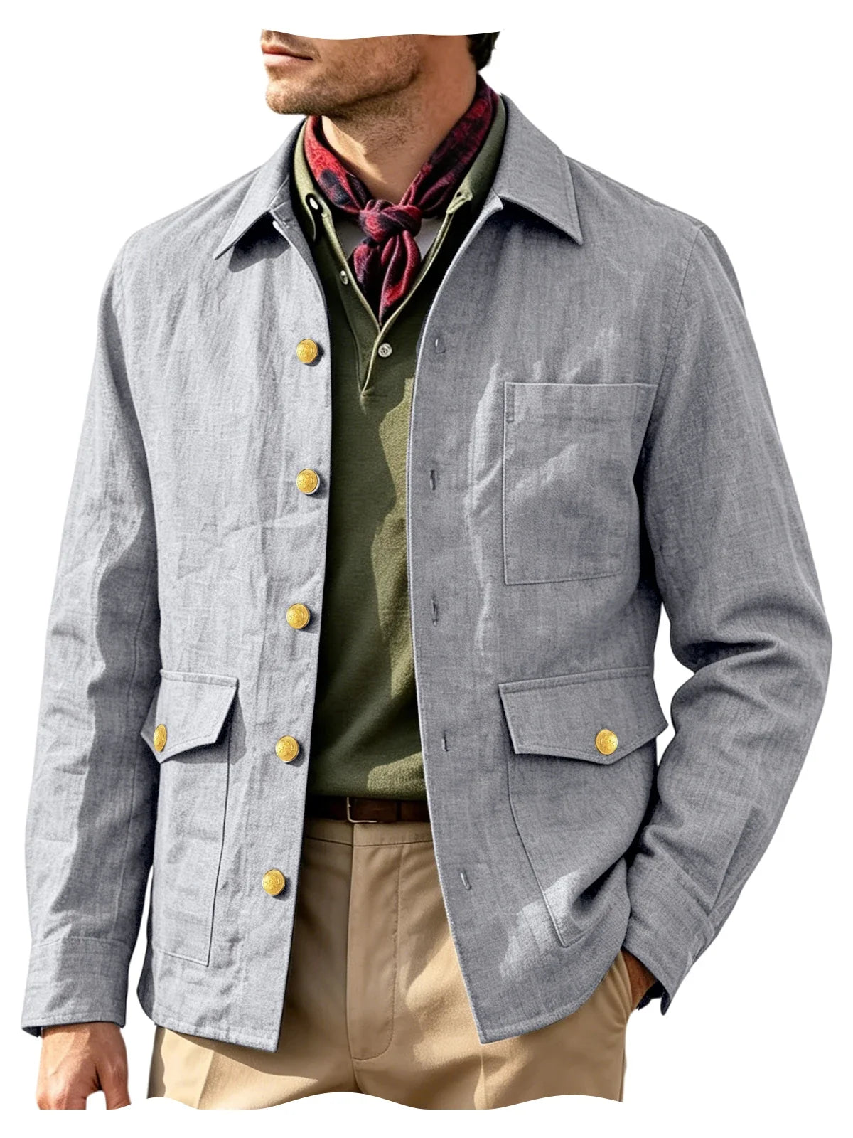 Vintage Men's Linen Jacket Lapel Collar Gold Button Casual Slim Fit Coat Lightweight Breathable for Formal Daily Office Wear