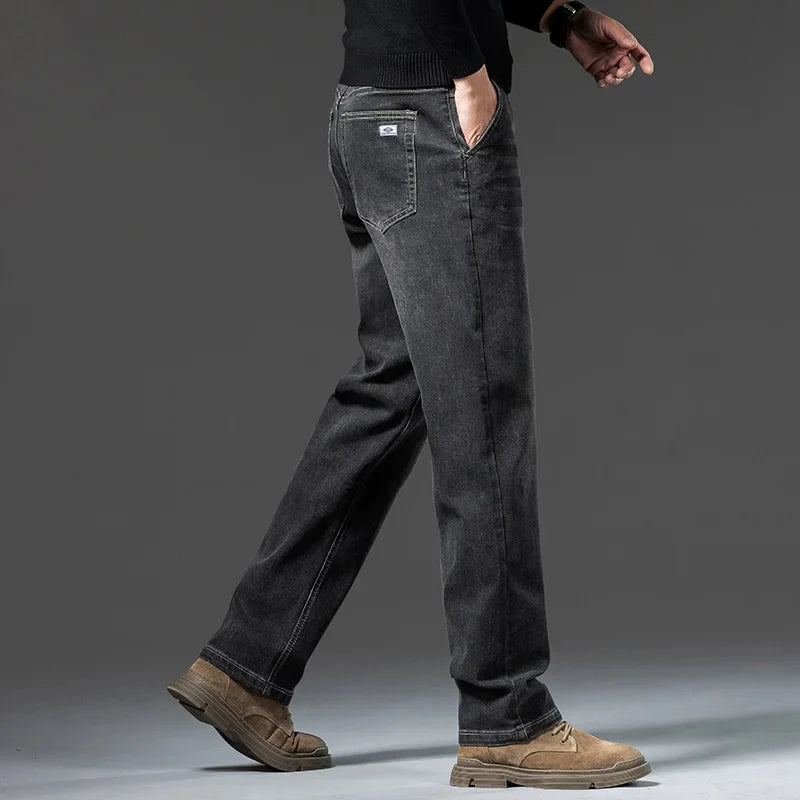Men's loose straight leg jeans retro washed elastic casual pants suitable for all seasons versatile pants