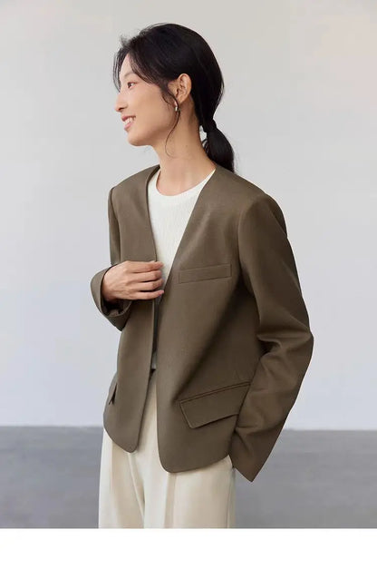Womens Gray Collarless Blazer Cropped Open Front Suit Jacket Casual Office Outerwear