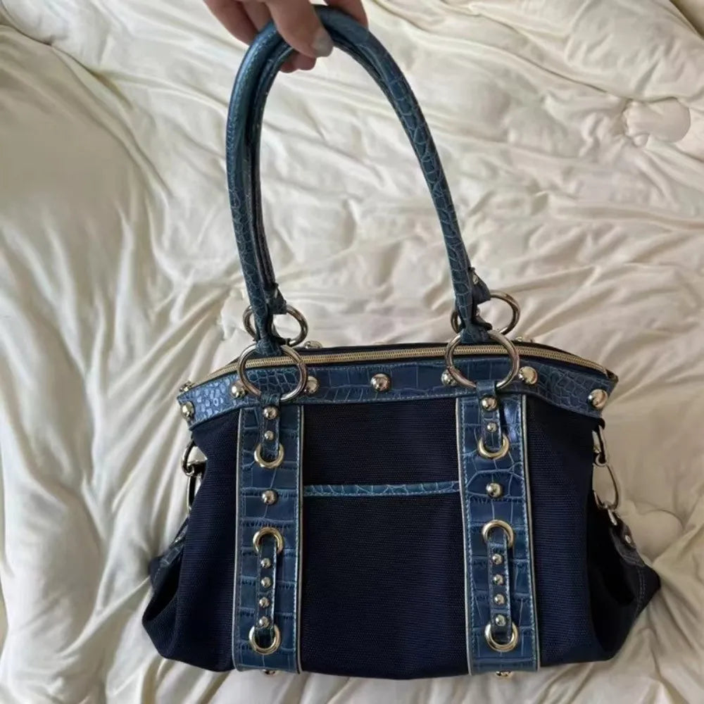 Vintage Style Y2K Patchwork Shoulder Bag Riveted Design Large Capacity Underarm Bag Handbags Women Casual Wear