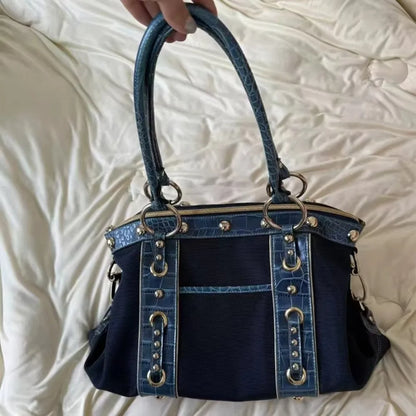 Vintage Style Y2K Patchwork Shoulder Bag Riveted Design Large Capacity Underarm Bag Handbags Women Casual Wear