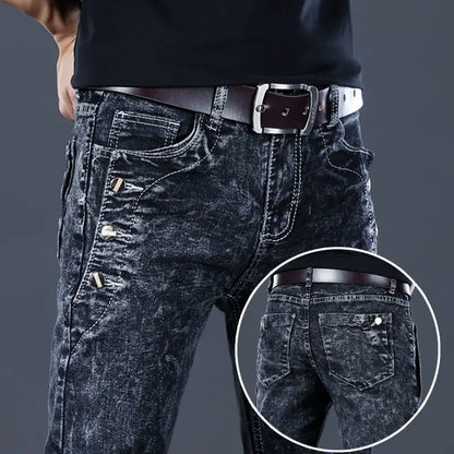 Autumn Winter Brushed Cowboy Luxury Slim Designer Clothes Male Korean Style Denim Skinny Plush Grey Jean Pants Trousers for Men