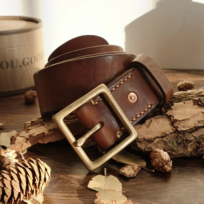 4.1CM Men High Quality Genuine Leather Belt Luxury Designer Brass Pin Buckle Belts Pure Cowskin Vintage Strap Male Jeans for Man