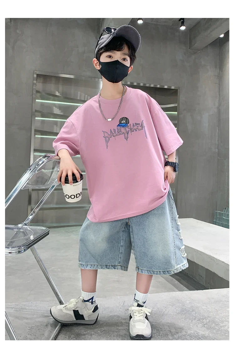 2025 New Summer Clothing Set for Kids Boy Luxury Summer Suit Children Cotton T-shirt And Denim Shorts 2 Pieces Tracksuit Outfit