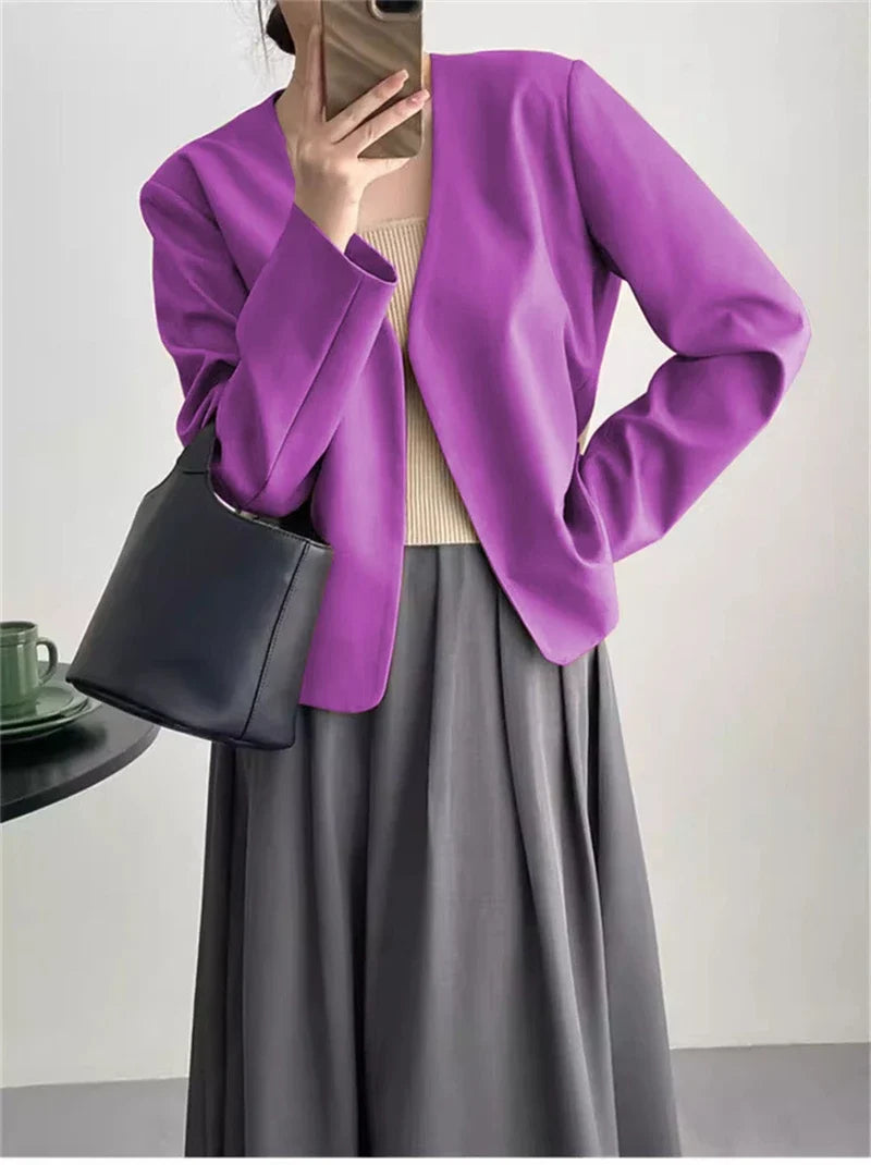 2025 Spring Autumn Fashion New Women's Suit Jackets Solid Short Coats Korean Blazers Long Sleeve Cardigan Coat Without Placket