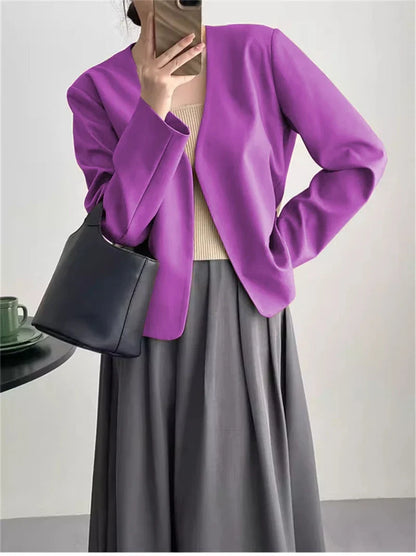 2025 Spring Autumn Fashion New Women's Suit Jackets Solid Short Coats Korean Blazers Long Sleeve Cardigan Coat Without Placket