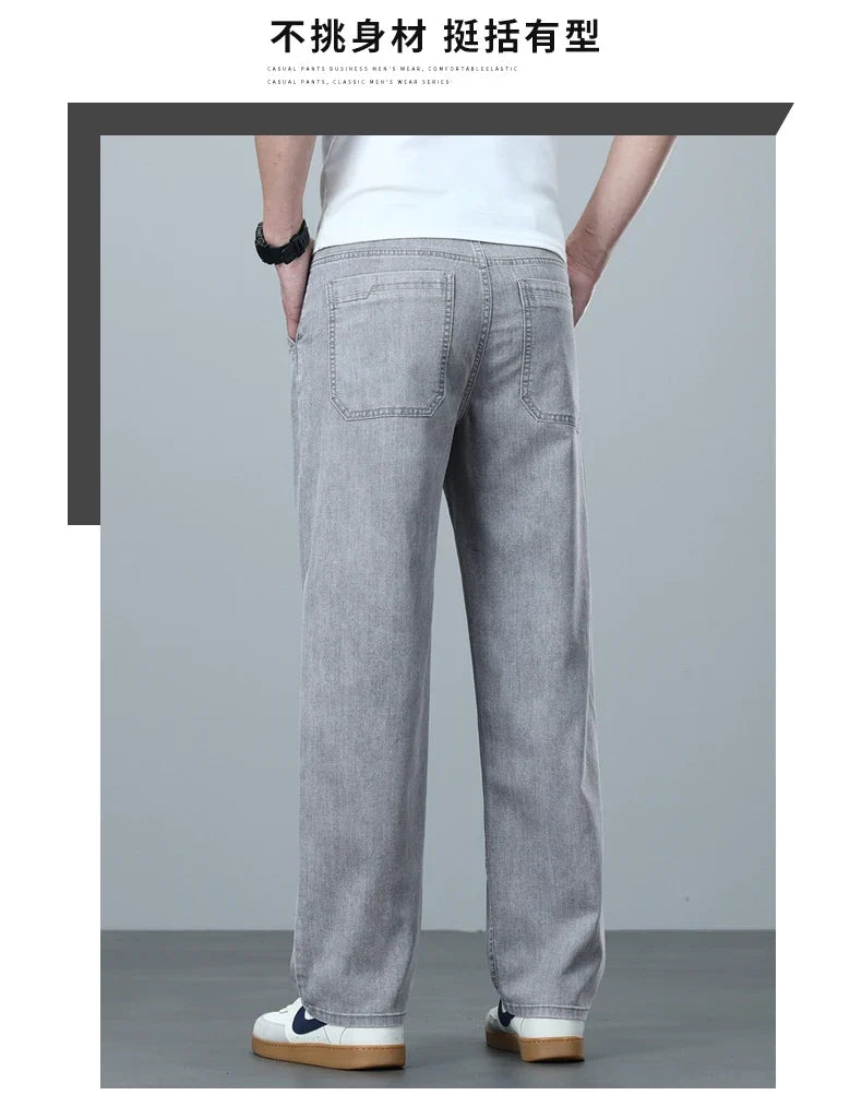 High Quality Spring Summer Lyocell Men's Jeans Loose Straight Wide Leg Casual With Slant Pockets Trousers Male  Plus Size 40