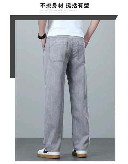 High Quality Spring Summer Lyocell Men's Jeans Loose Straight Wide Leg Casual With Slant Pockets Trousers Male  Plus Size 40