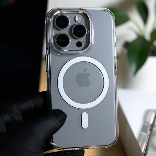 غطاء حماية شفاف مضاد للصدمات مع شحن لاسلكي MagSafe لهواتف آيفون 16، 15 برو، 14، 16 برو ماكس بعدسة مصنوعة من سبائك معدنية